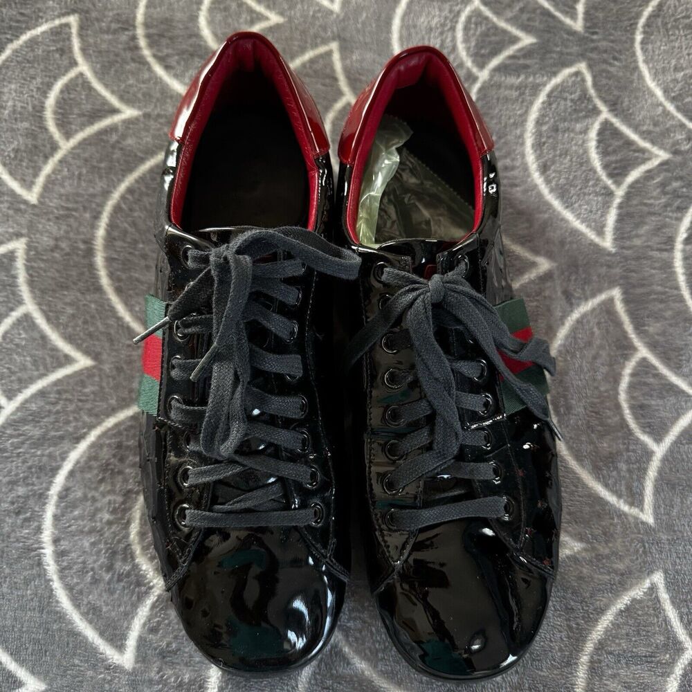Gucci Black Patent Leather Casual Low Top Lace Up Reflective Men's Shoe Sz 9.5 - Picture 6 of 16